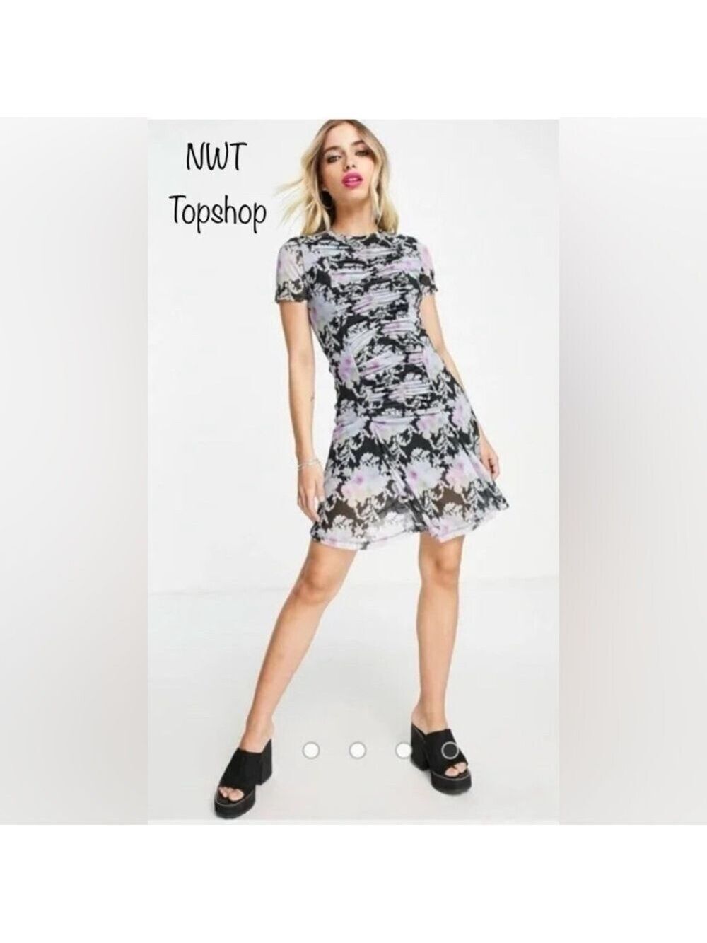NWT Topshop Y2K Whimsigoth style Floral ruched Mesh Mini Dress size Small 6-8